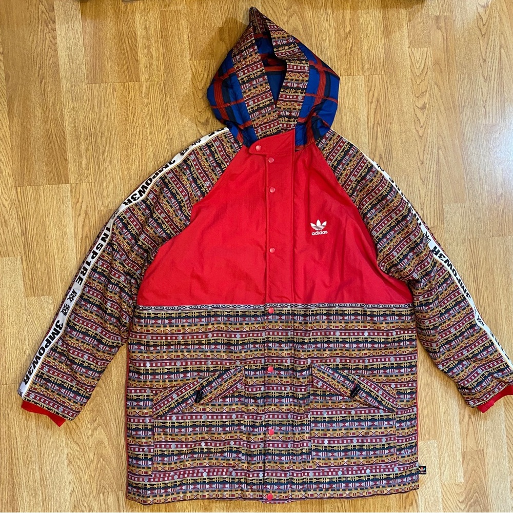 Adidas Red and Patterned Hooded Coat Parka.
